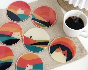 Retro Cat Acrylic Coaster, Mid Century Landscape Drink Mat, Minimalist, Heat Resistant Mug Pad