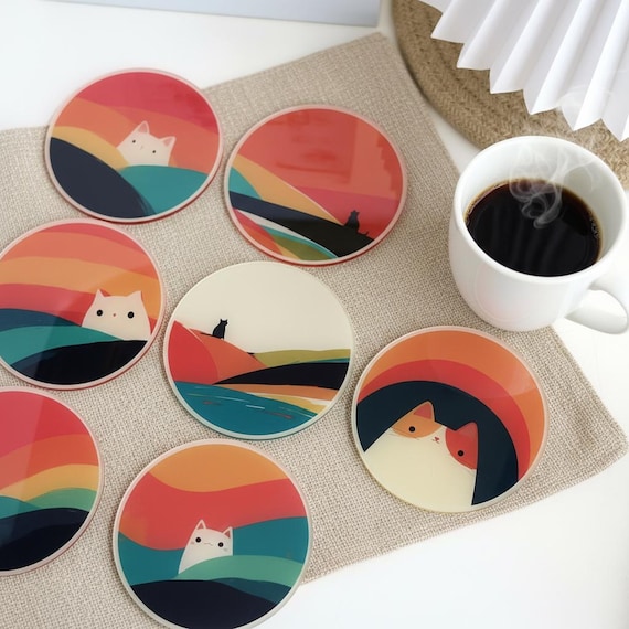 Retro Cat Acrylic Coaster, Mid Century Landscape Drink Mat, Minimalist, Heat Resistant Mug Pad