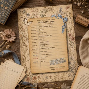May include: A vintage-style library check-out card printed on paper with a floral pattern. The card features text including Property of the Storytown Library, Check-Out Card, A New Chapter Begins, and a blue ribbon graphic with a butterfly illustration.
