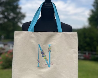 Personalized Canvas Library Tote Bag with Embroidered Monogram, Book Lover Gift