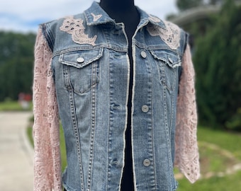 Denim & Lace femininity  one-of-a-kind upcycled denim vest from StitchWorks.