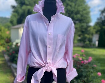 Romantic Blush Pink Upcycled Ruffle Collar Shirt | J.S. Bank Traveler’s Collection | Cottagecore Statement Blouse | Sustainable Slow Fashion