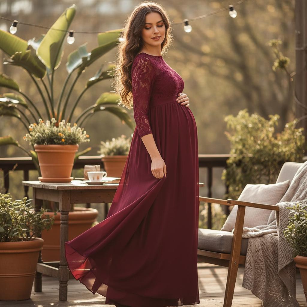 chinese dress ladies Burgundy Maternity Dress For Photoshoot