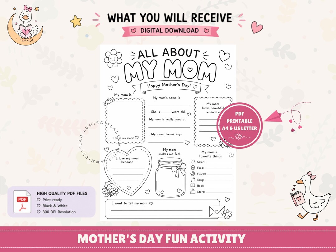 Printable Mother’s Day Activity Sheet | All About My Mom Fillable ...