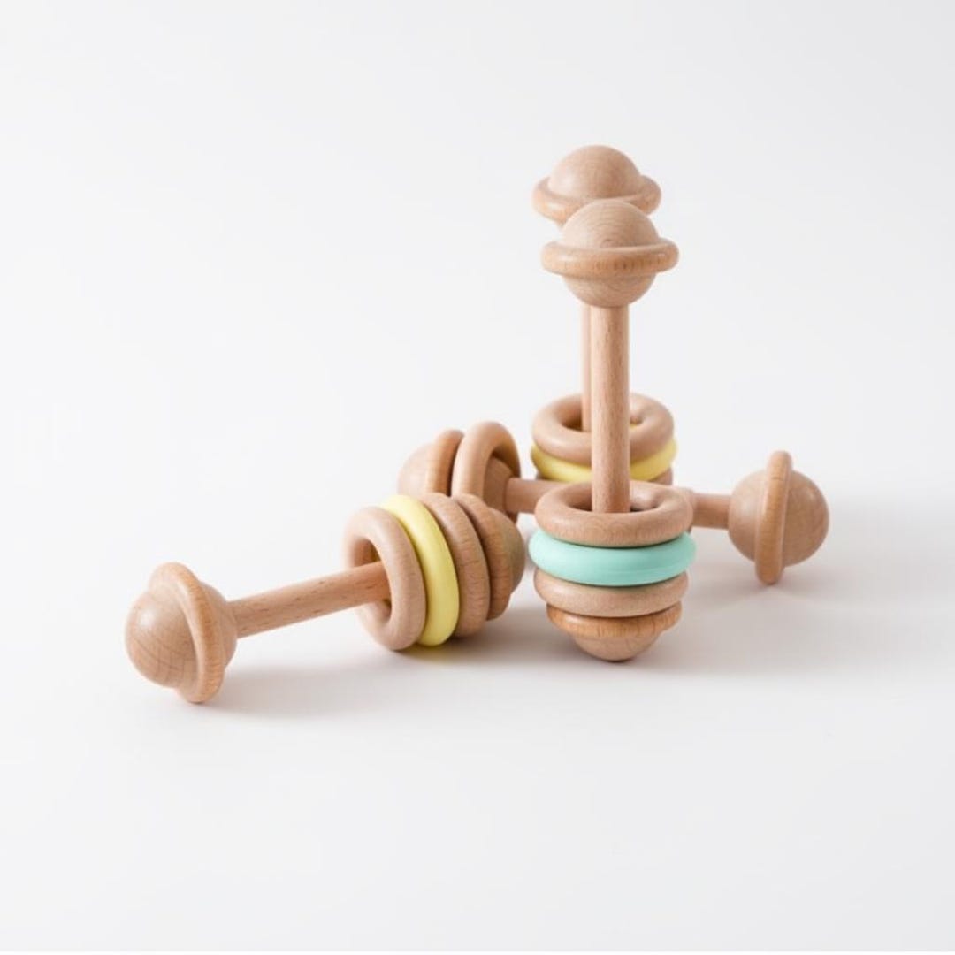Toyrus Rattle Wooden Baby Rattle With Silicone Ring – Natural Beech Wood Teether ...