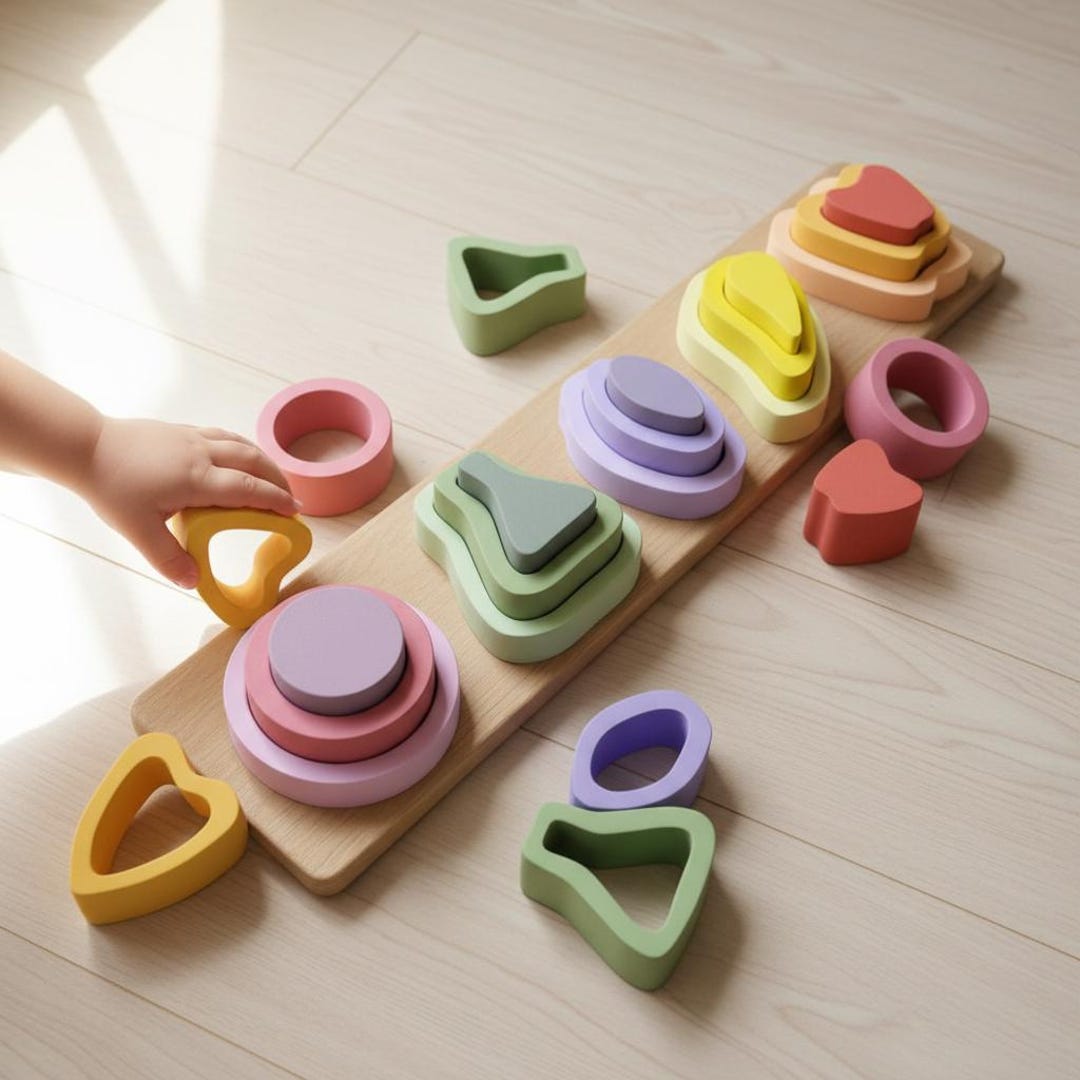 Wooden Sorting & Stacking Toy – Color Shape Matching Blocks, Montessori ...