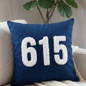 May include: A navy blue square throw pillow with the white number "615" in a textured, raised design. The pillow is on a beige couch with a white blanket and a green plant in the background.