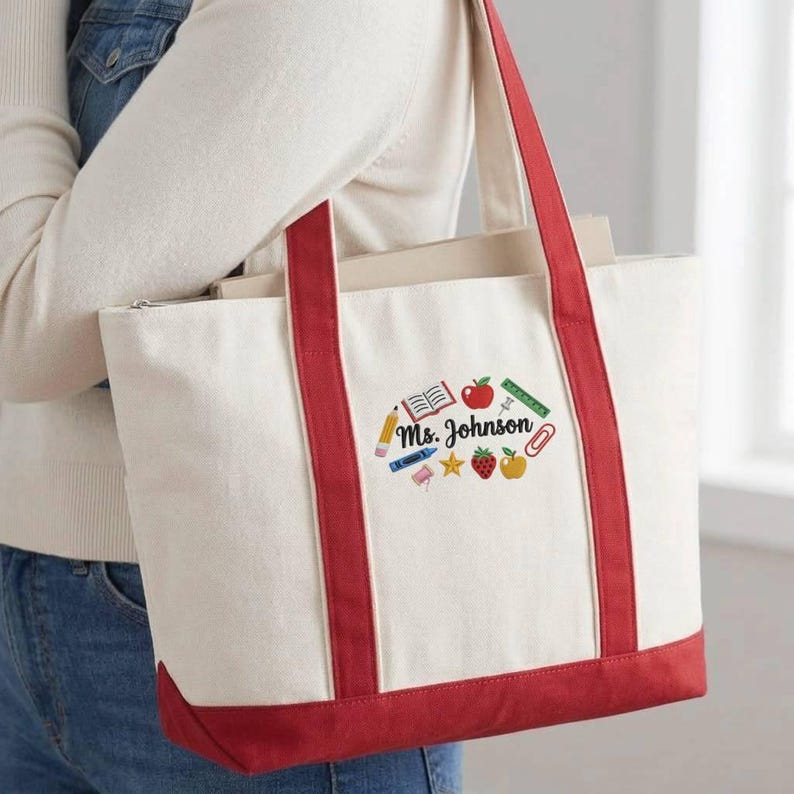 Personalized Teacher Tote Bag, Embroidered School Icons Canvas Bag ...