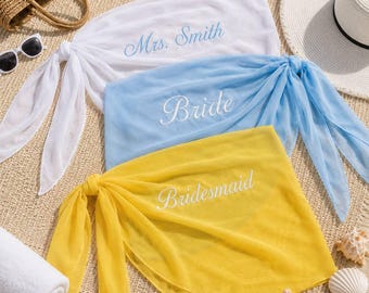 Custom Sarong Skirt, Mrs Bride Beach Skirt Cover Up Sarong, Personalized Embroidered Beach Wrap for Honeymoon and Bachelorette