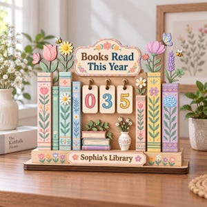 以下が含まれることがあります： Books Read This YearとSophia's Libraryの文字が刻まれた木製の読書記録ディスプレイ。本の形をしたブロック、035と表示された3桁のカウンター、木製の花、ハチ、蝶の装飾が施されています。