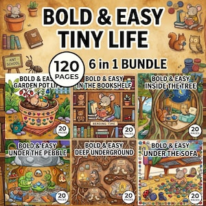 May include: A digital collection titled BOLD & EASY TINY LIFE 120 PAGES 6 in 1 BUNDLE featuring six illustrated coloring book covers. Each square panel depicts whimsical animal scenes including mice, squirrels, and insects in various settings like garden pots, bookshelves, tree hollows, and underground burrows.