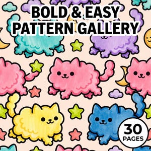 May include: A coloring book cover titled BOLD & EASY PATTERN GALLERY with 30 PAGES. The background features a repeating pattern of fluffy, colorful cats in pink, yellow, blue, and purple, interspersed with yellow crescent moons and green stars.