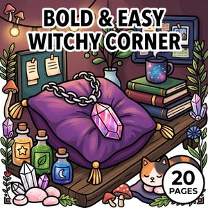 以下が含まれることがあります： BOLD & EASY WITCHY CORNERというタイトルの塗り絵ページ。紫色のクッション、クリスタルのネックレス、魔法の薬の瓶、本、猫、キノコが描かれています。イラストには星座のマグカップとクリスタルが含まれており、合計20ページです。