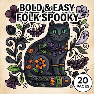 以下が含まれることがあります： BOLD & EASY FOLK SPOOKYというタイトルの塗り絵の表紙。緑色の目をした黒猫が描かれ、オレンジ色のカボチャ、紫色の花、緑色の葉で装飾されている。イラストにはベリーと小さな幽霊が含まれ、20 PAGESという文字が記載されている。