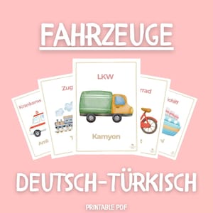Könnte beinhalten: Ein rosa druckbares PDF mit Fahrzeugillustrationen und deutsch-türkischem Vokabular. Die Karten zeigen einen Krankenwagen, einen Zug, einen Lastwagen, ein Fahrrad und ein Schiff. Das Wort "FAHRZEUGE" steht oben, darunter "DEUTSCH-TÜRKISCH".