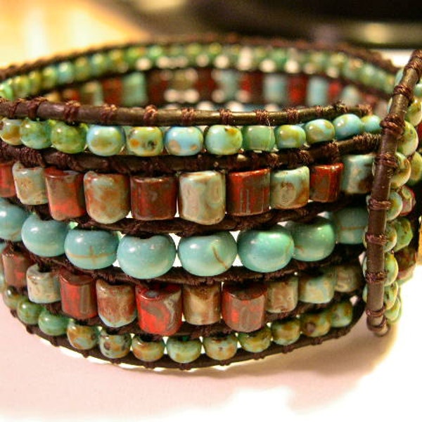 Boho Leather Wrap Beaded Cuff Bracelet, 5 Row Beaded Cuff Bracelet - 687