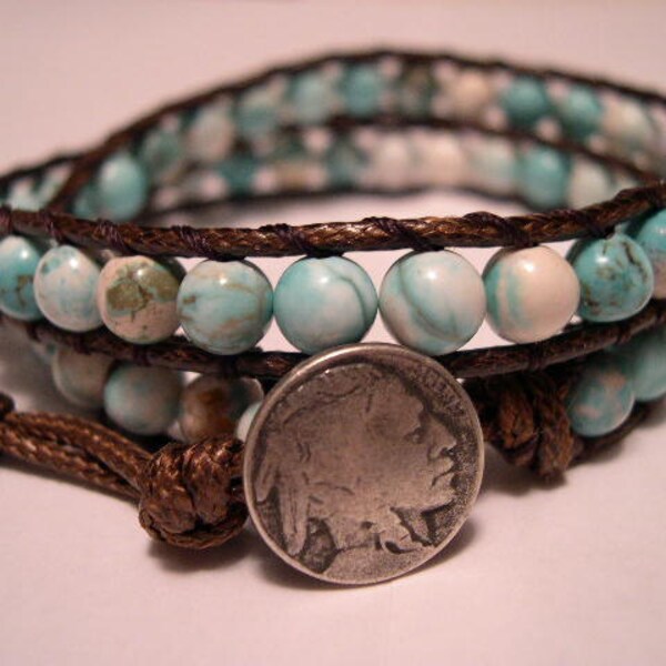 Double Wrap Beaded Bracelet, Beaded Wrap Bracelet, Howlite Turquoise - 518