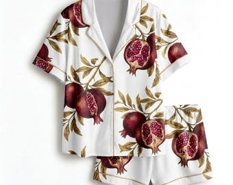 Satijnen granaatappelpyjamaset – nachtkleding met knopen, uniseks loungekleding