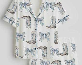 Coquette Cowgirl Pajama Set: Blue Bow & Boots Print Satin Sleepwear