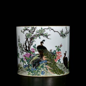Hand-painted Porcelain Antique Chinese Handmade Colour Enamels Brush Pot Painting Peacock and Peony flower Qianlong Marked