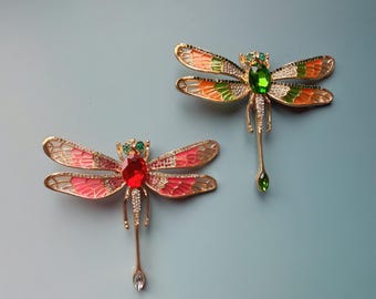 Vintage Pinke Emaille Libellen Brosche, goldfarbene Stained Glass Style Pin