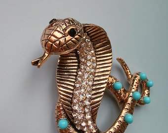 Vintage Cobra Snake Brooch, Gold-Tone Crystal & Turquoise Bead Pin