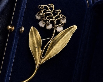 Vintage Gold Maiglöckchen Brosche, antike Blumen Revers Schalnadel