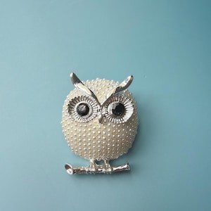 May include: A silver-toned owl brooch with a pearl-like body and black eyes. The owl is perched on a silver branch against a light blue background. The brooch is a decorative accessory.