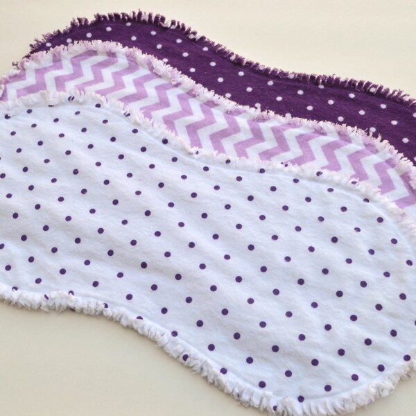 Burp cloths chevron, contoured burp cloths, ragged edges,  flannel burp cloth, burp rags, burpcloth, set of 3, polka dots, purple, chevron