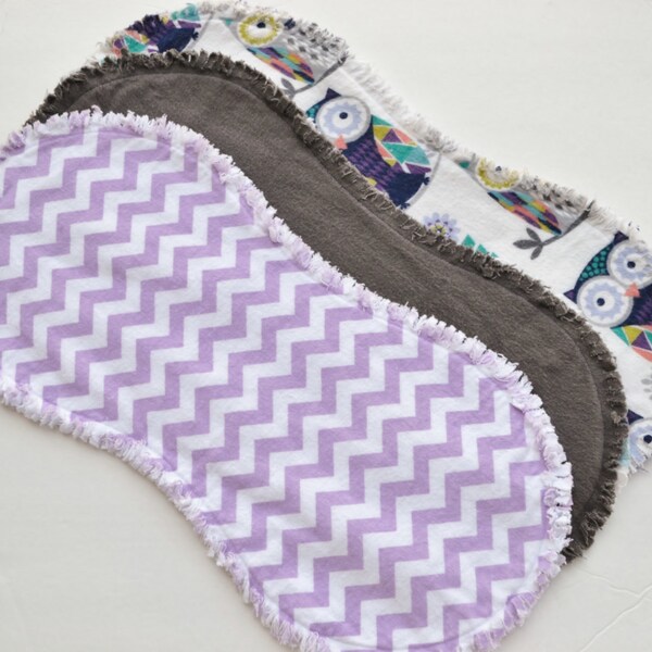 Burp cloths chevron, contoured burp cloths, ragged edges,  flannel burp cloth, burp rags, burpcloth, set of 3, chevron, owls, flowers