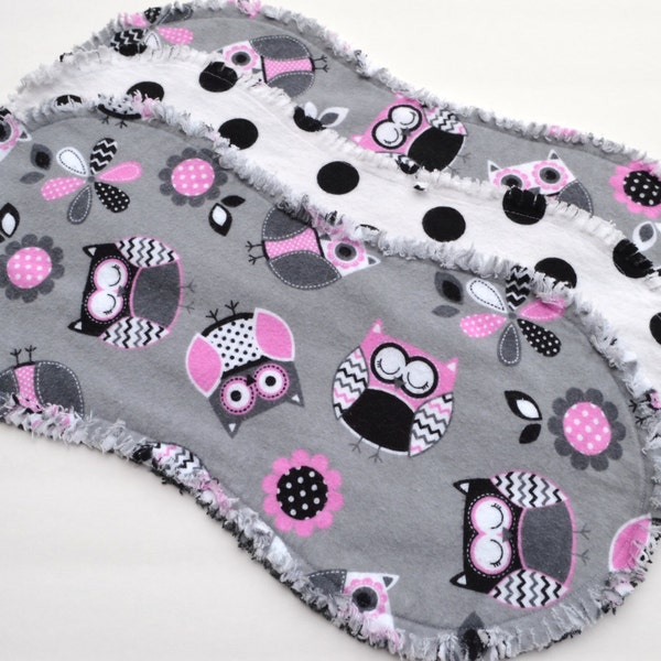 Baby girl burp cloth set of 3 : Flannel, Contoured, Baby burpcloths, Burp rags, burprags, owls, owl, pink, black, white, polka dots