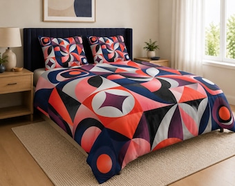 Bettwäsche-Set im Retro-Geometrie-Stil, 100 % Baumwolle, Cottagecore-Stil, Einzelbett, Einzelbett XL, Queen