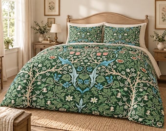 Botanical Duvet Cover Set William Morris Green Floral Bird Bedding,Vintage Cottagecore Bedroom Decor 100% Cotton Bed Set Twin Twin XL Queen