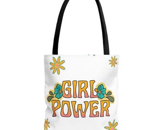 Girl Power tote bag | Floral 70s retro typography, feminist design