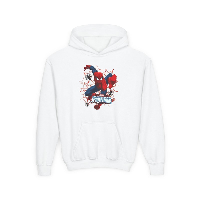 Spider-Man crouching web design Hoodie | Youth Marvel superhero sweatshirt image 1