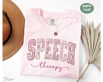 Speech Therapy Comfort Colors Shirt, Faux Patchwork SLP Tee, Embroidered Look Speech Pathologist Gift, SLP Appreciation Shirt