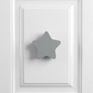 Puede incluir: Un pomo de armario de color gris claro sólido con forma de estrella de cinco puntas y bordes redondeados. El pomo presenta un acabado liso y mate y está montado en el centro de un panel de puerta de armario blanco y rectangular.