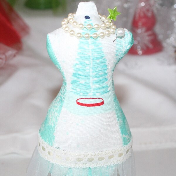 Mannequin Dress form Pin Cushion Pincushion Pearls on Aqua Holiday Hand crafted with hand painted base