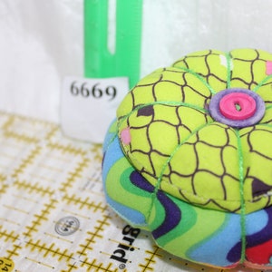Small double Pin cushion 3 inches wide 2 1/2 - 3 inches tall - variety of colors/patterns Lime green & Waves
