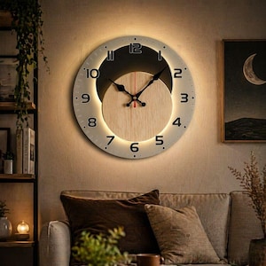 Relógio de parede redondo silencioso de madeira com fases da lua, relógio decorativo para sala de estar, escritório, quarto, sala de estudos, decoração de casa.