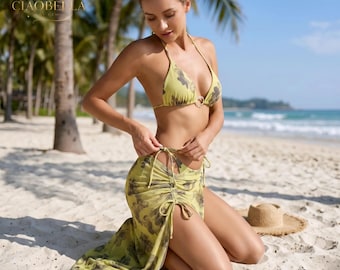 3 Piece Floral Bikini Set Push Up Halter Thong Swimsuit Ruched Drawstring Long Skirt | Beach Resort Vacation Outfit | Honeymoon Girls Trip