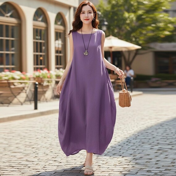 ladies loose summer dresses Oversized Maxi Dress Women, Cotton Sleeveless Casual Beach Dress ClothingOccasionLabel: Back to School