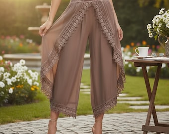 Women Lace Harem Pants Loose Wide Leg High Waist Solid Casual Long Pants