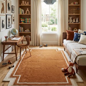 Terracotta Rectangular Geometric Kids Rug for Bedroom Soft Cozy Play Area Decor Style