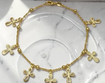 18K Gold Filled Cross Charm Anklet, Dainty Faith Ankle Bracelet, Polished Beads Summer Jewelry