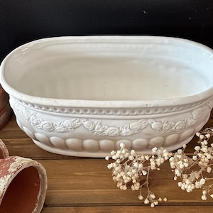 Vintage White Rose Patterned Ceramic Oval Jardinière Planter, Elegant Cachepot