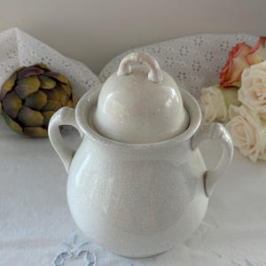 Antique French Style Covered Sugar Bowl, Crackle Glaze Ceramic Pot, Double Handle Confiture Jar, French Country Cottage Decor
