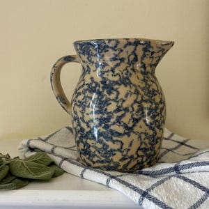 Vintage Robinson Ransbottom Pitcher, 1 Pint Blue Spatterware, RRPCo Roseville Ohio Stoneware, Spongeware Creamer, Farmhouse Decor