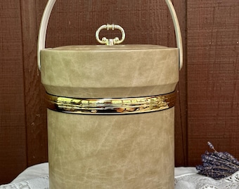 Vintage Shelton Ware Mid Century Ice Bucket Tan Faux Leather Gold Trim