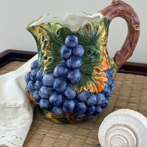 Vintage Italian Majolica Grape Pitcher, Hand-Painted Ceramic Jug, Bassano Decor